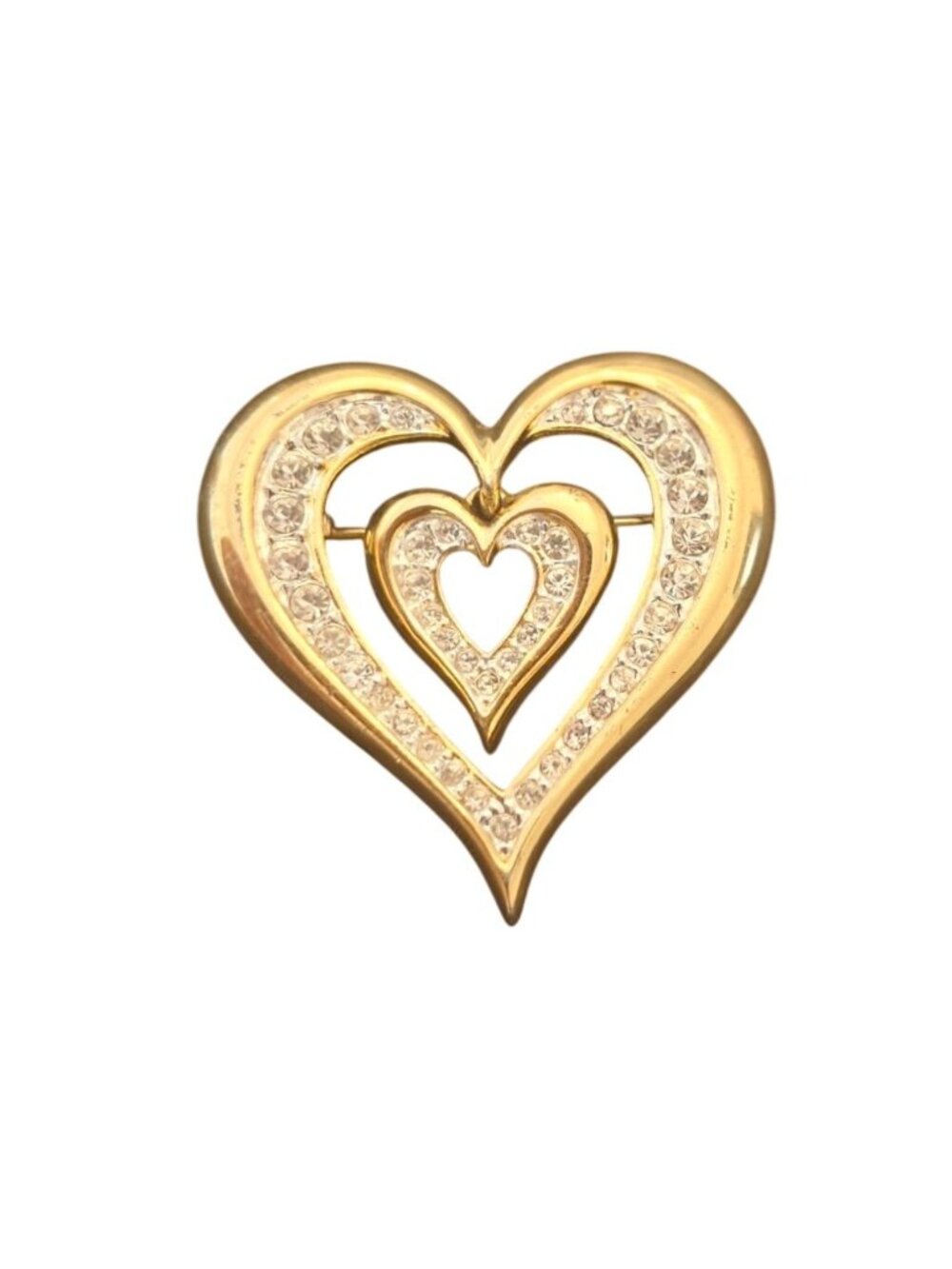 Gold Tone Double Heart Brooch Pin Rhinestone Romantic Love Valentine Jewelry